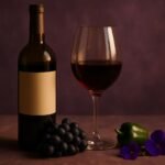 Glass and bottle of Cabernet Franc with dark grapes, violets and a green capsicum