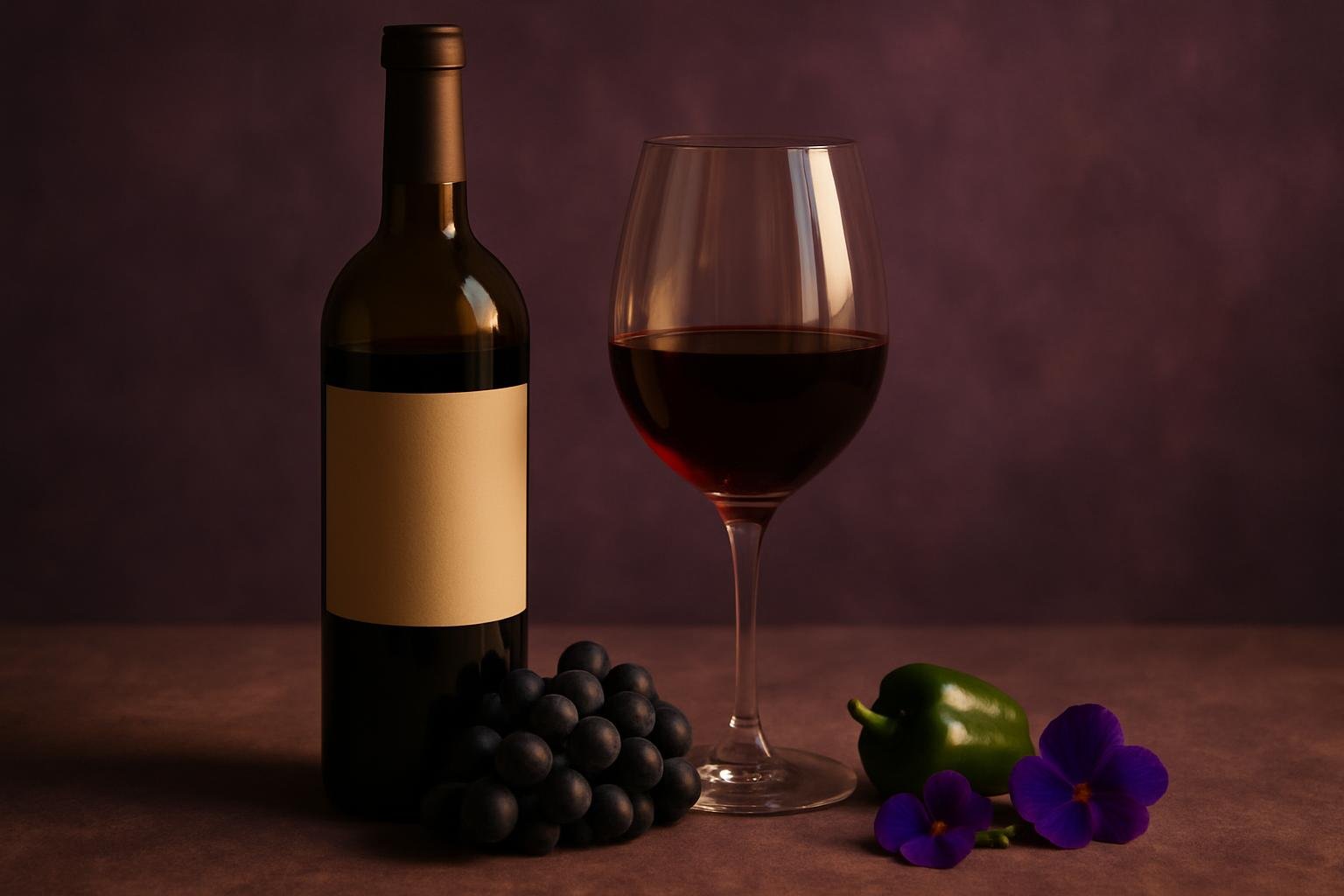 Glass and bottle of Cabernet Franc with dark grapes, violets and a green capsicum