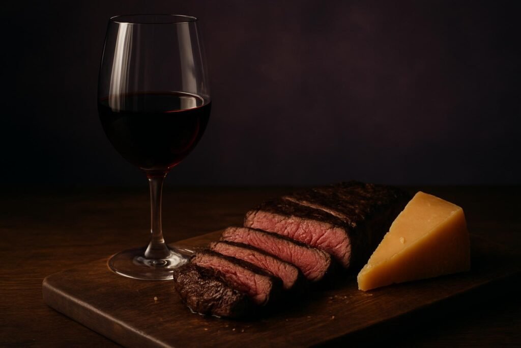 Glass of Cabernet Sauvignon beside sliced steak and aged cheddar on dark timber