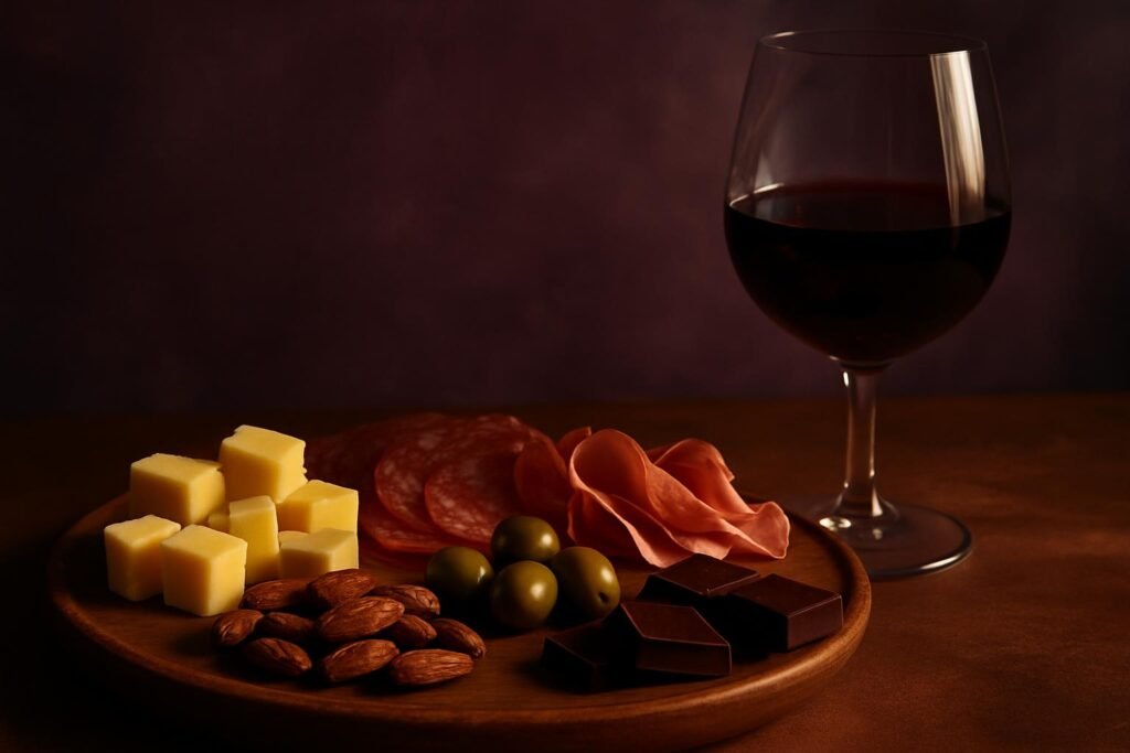 Snack platter of cheddar, salami, nuts, olives and dark chocolate beside a glass of Cabernet