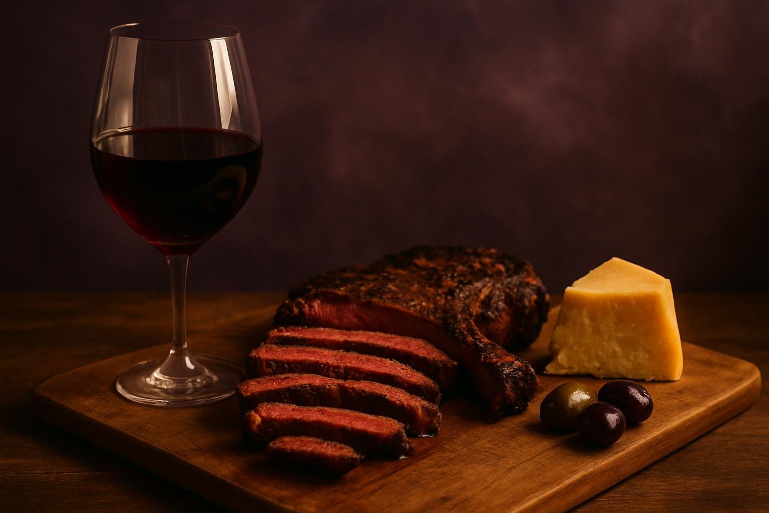 Glass of Cabernet Sauvignon beside sliced steak, aged cheddar and olives