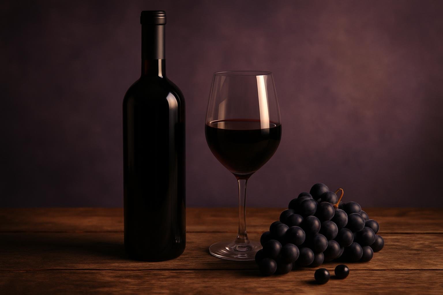 Bottle and glass of Cabernet Sauvignon with dark grapes and blackcurrants on a timber table