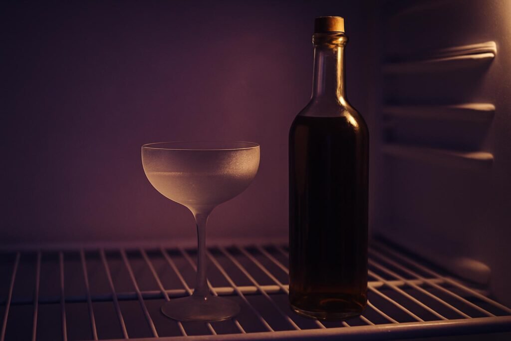 Open bottle of vermouth stored upright on a fridge shelf