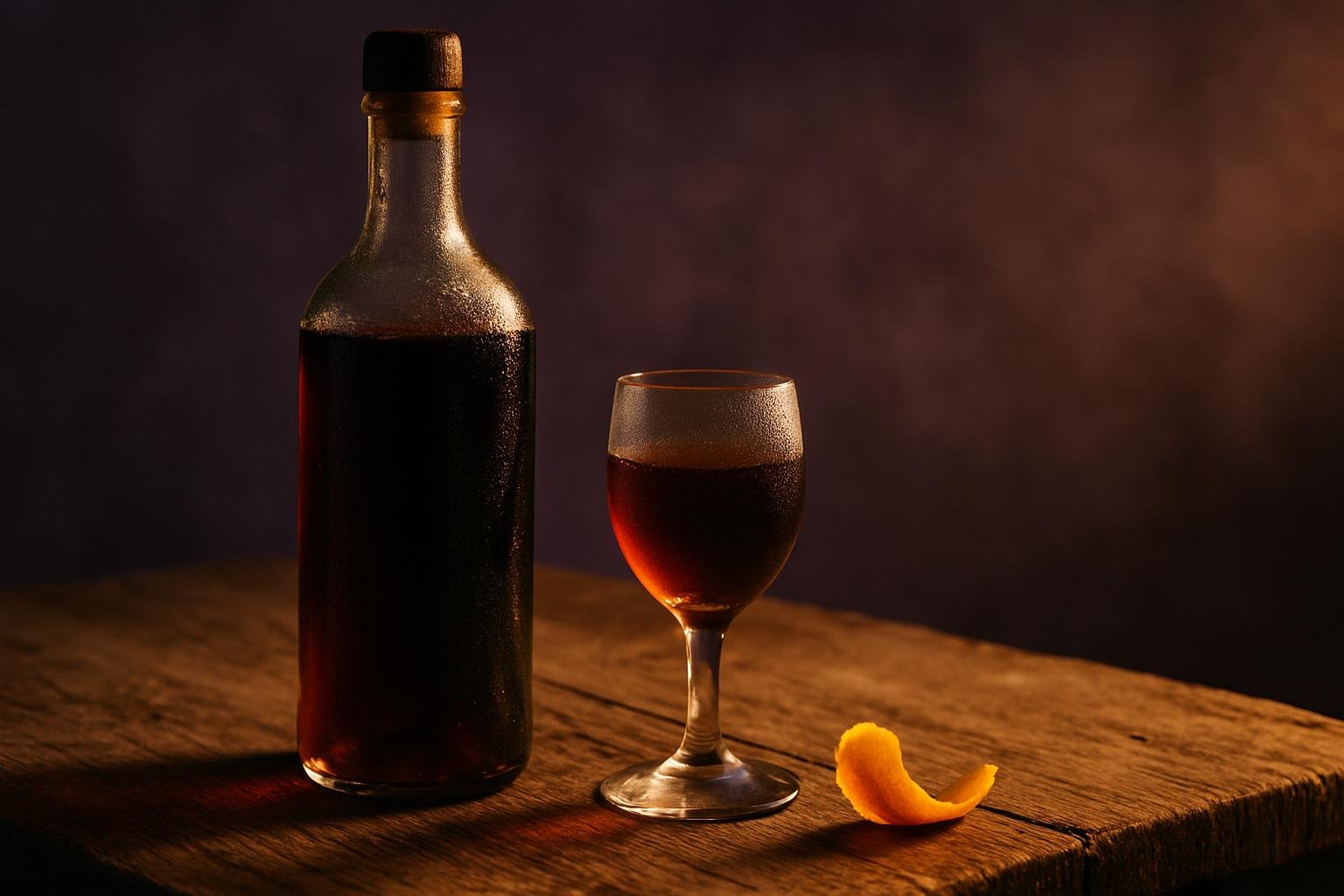 Chilled bottle of vermouth and a small glass on a timber table