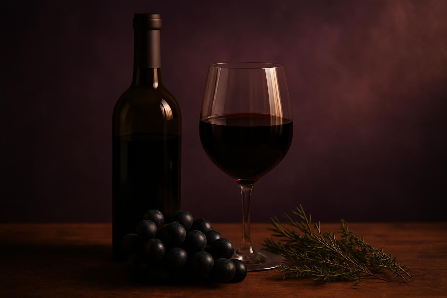 Glass and bottle of Carignan with black grapes, rosemary and thyme