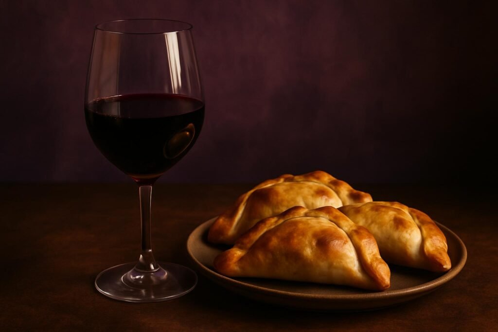 Glass of Carménère beside baked empanadas