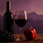 Glass and bottle of Carménère with black grapes, a red capsicum and green peppercorns