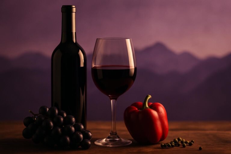 Carménère Wine Guide: The Grape That Went Missing for a Century 5 Glass and bottle of Carménère with black grapes, a red capsicum and green peppercorns
