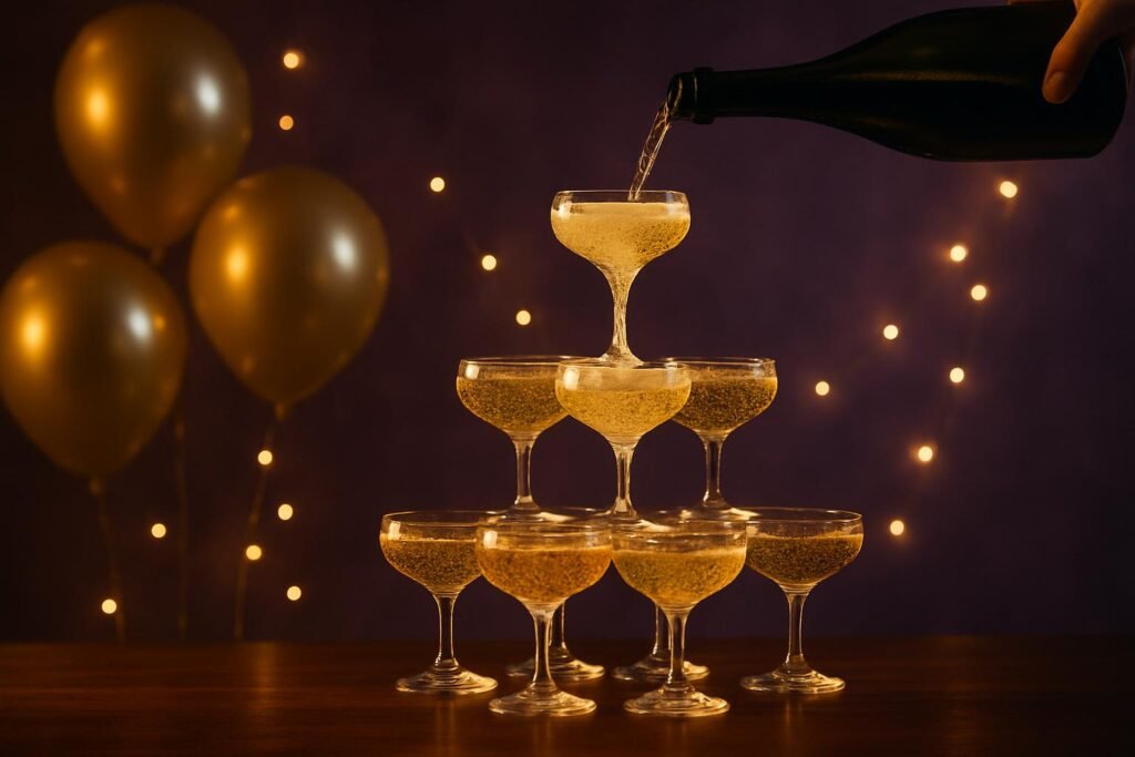 What Is Champagne and Shackles? The Party Theme Explained 2 Champagne tower of coupe glasses with gold balloons behind
