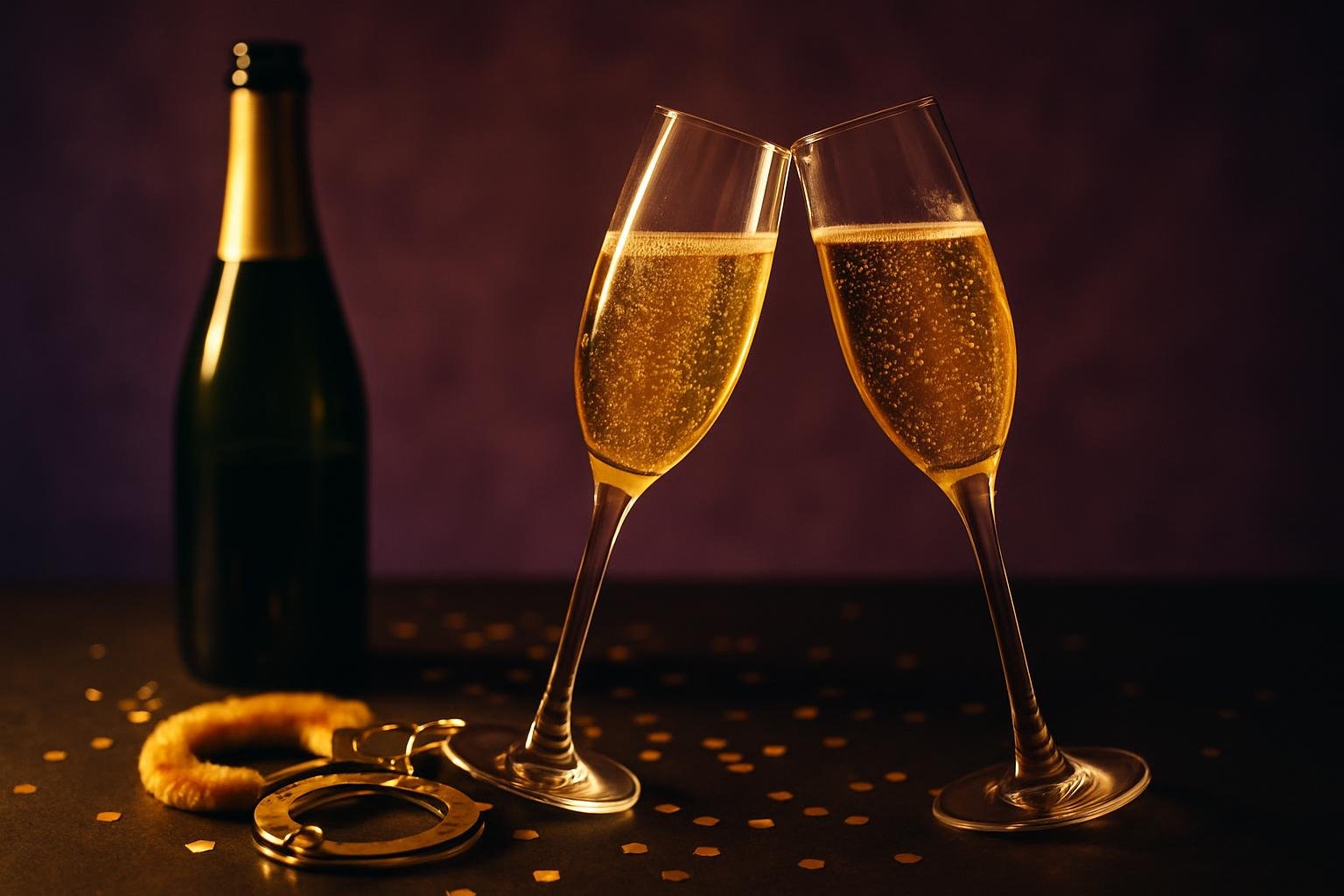 Two flutes of sparkling wine, a bottle, gold confetti and novelty handcuffs on a party table