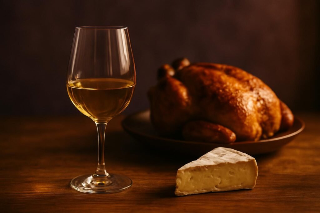 Chardonnay Wine Guide: The Shape-Shifter of Whites 2 Glass of Chardonnay beside a roast chicken and soft cheese on a timber table