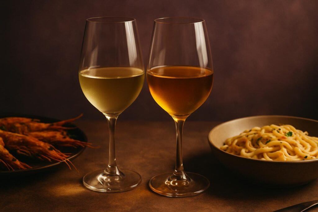 Two glasses of Chardonnay with grilled prawns and creamy pasta