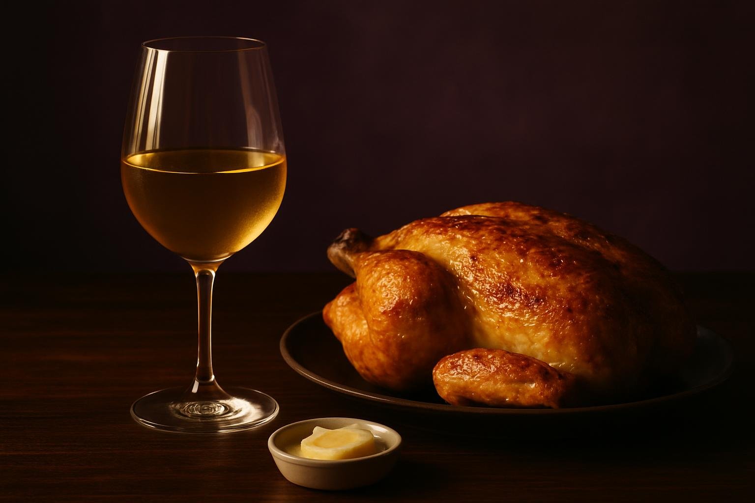 Glass of Chardonnay beside a golden roast chicken