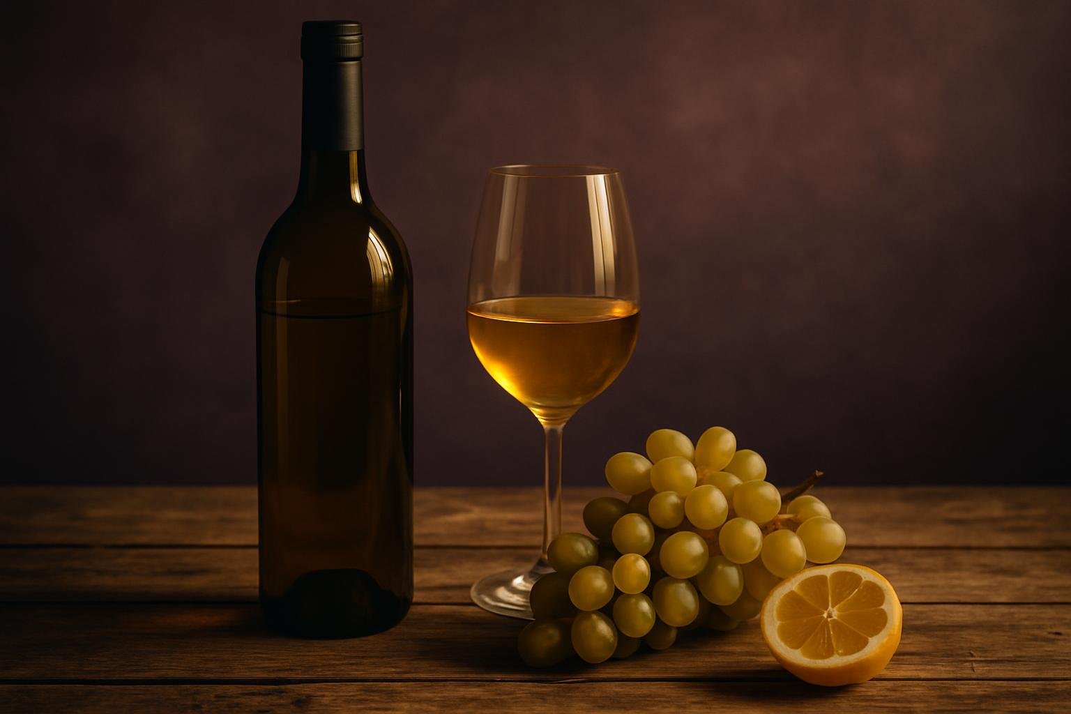 Bottle and glass of golden Chardonnay with green grapes and lemon on a timber table