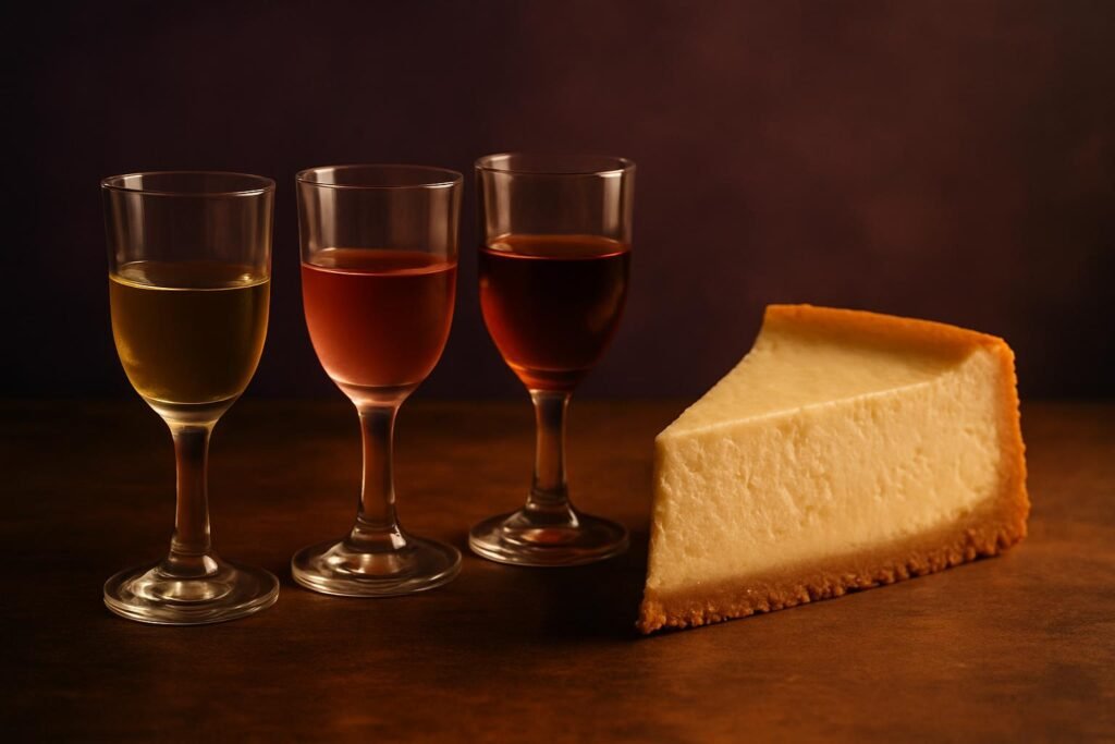 Three dessert wine glasses of different colours beside a slice of baked cheesecake