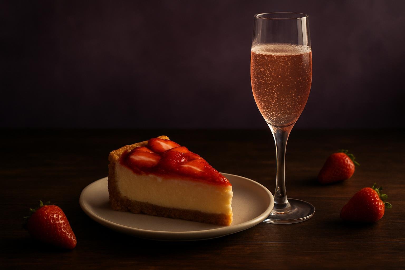 Slice of strawberry cheesecake beside a flute of sparkling rosé