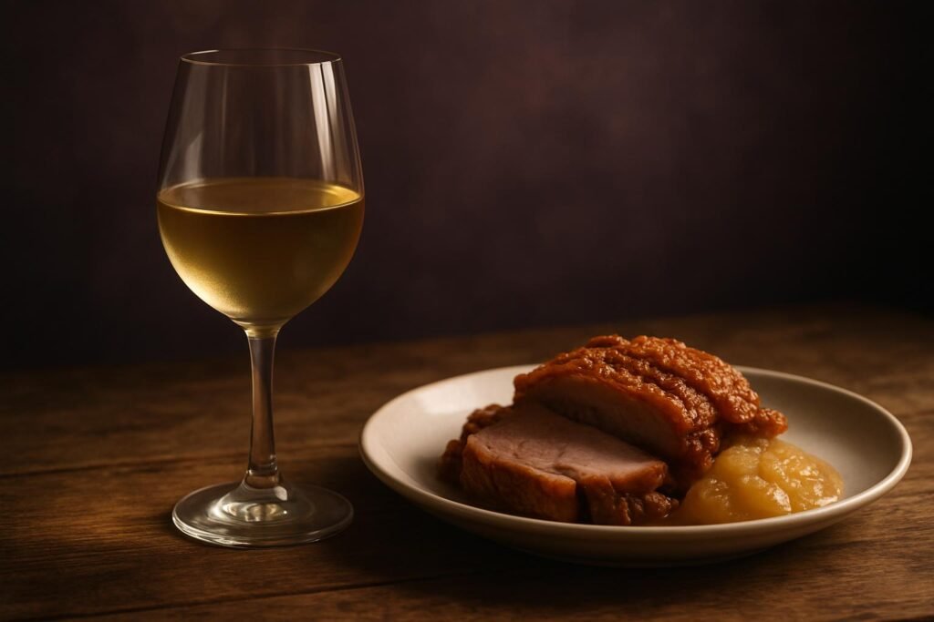 Glass of Chenin Blanc beside roast pork with apple sauce