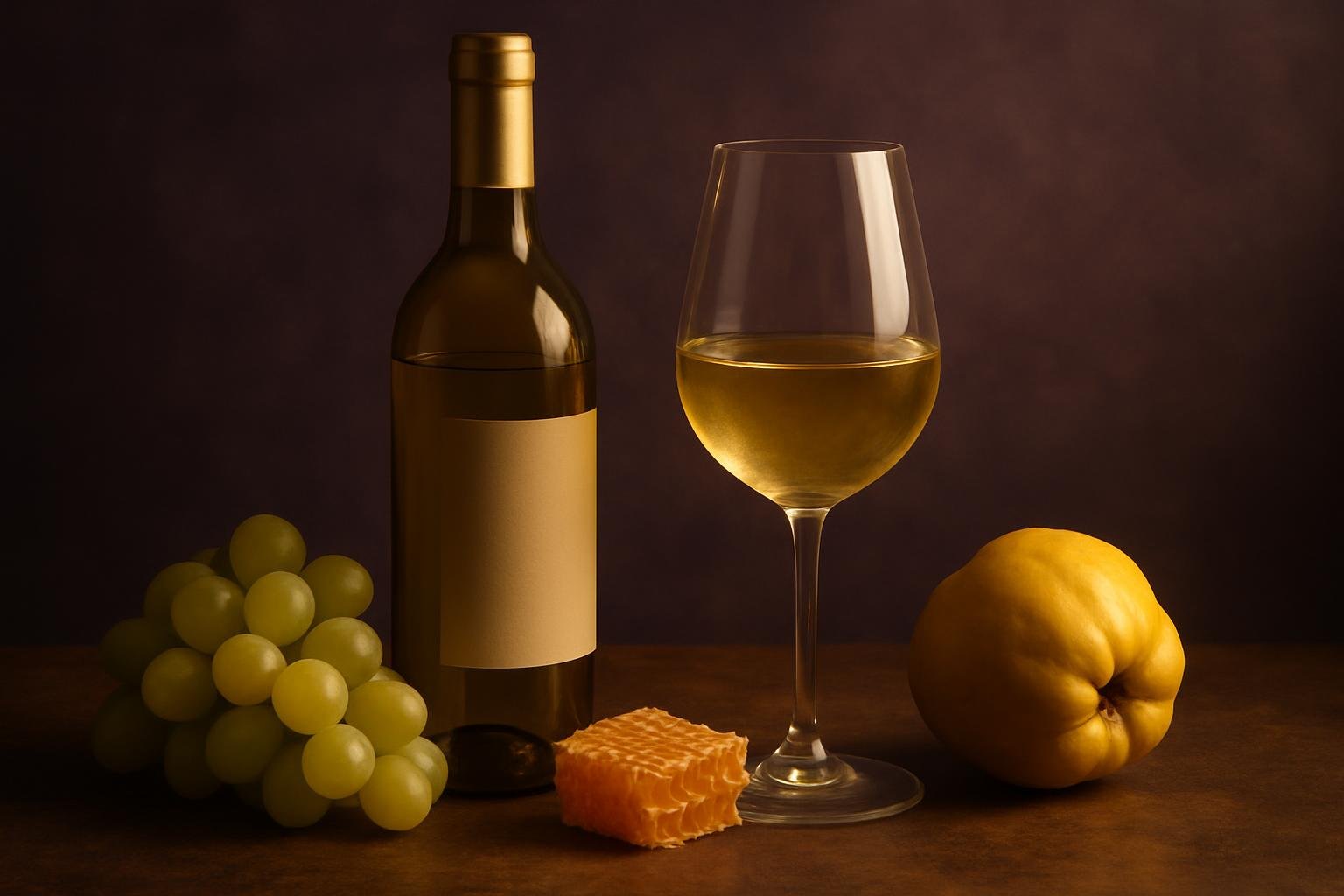 Glass and bottle of Chenin Blanc with green grapes, honeycomb and quince