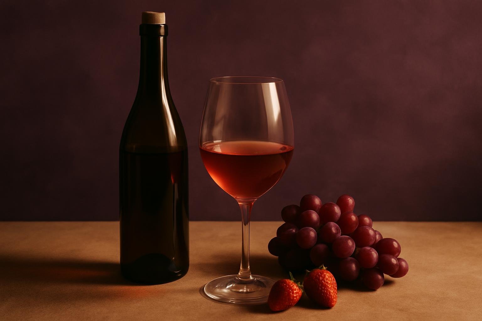 Glass and bottle of pale Cinsault with red grapes and strawberries