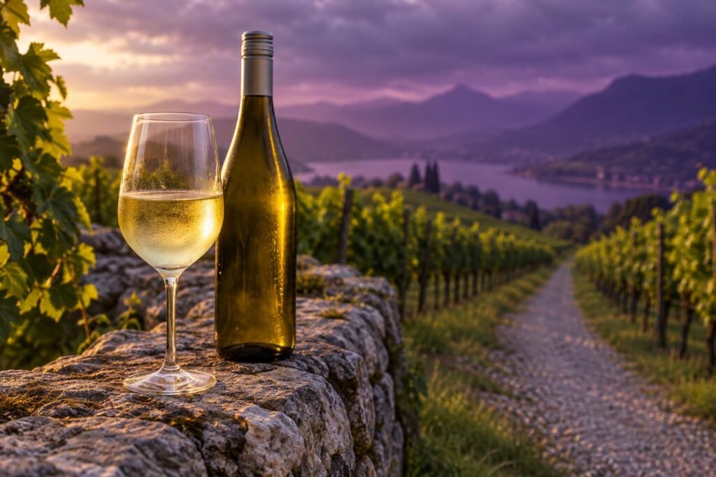 Glass of Clare Valley Riesling on a limestone wall beside vines