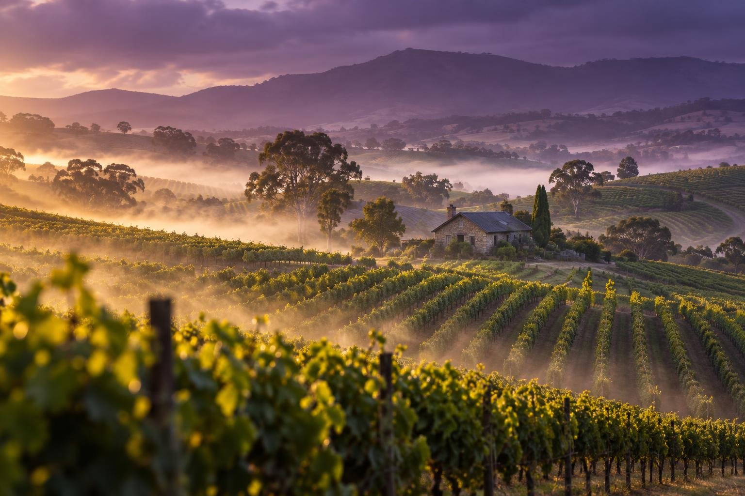 Clare Valley vineyard rows over low hills with a stone cottage