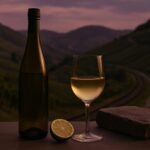 Glass of dry Riesling with lime, Clare Valley vineyard hills behind