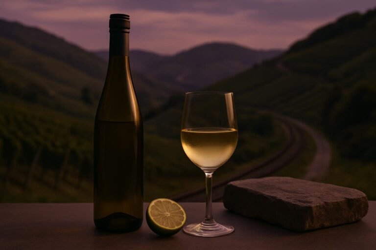 Clare Valley: The Home of Australian Riesling 5 Glass of dry Riesling with lime, Clare Valley vineyard hills behind