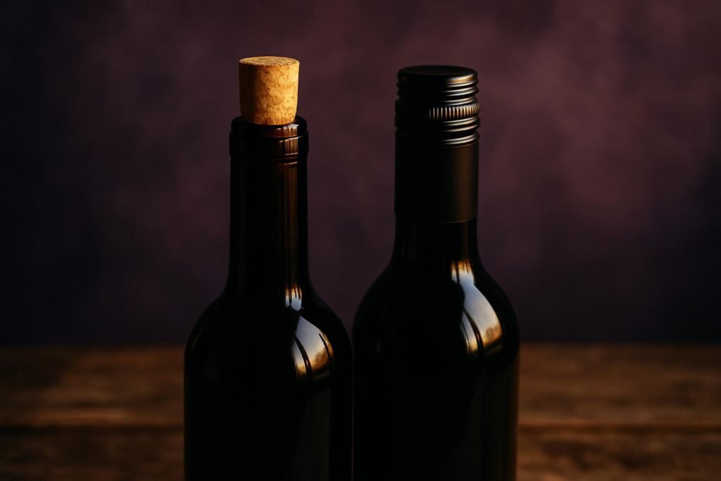 A corked wine bottle and a screwcap wine bottle side by side on a timber table