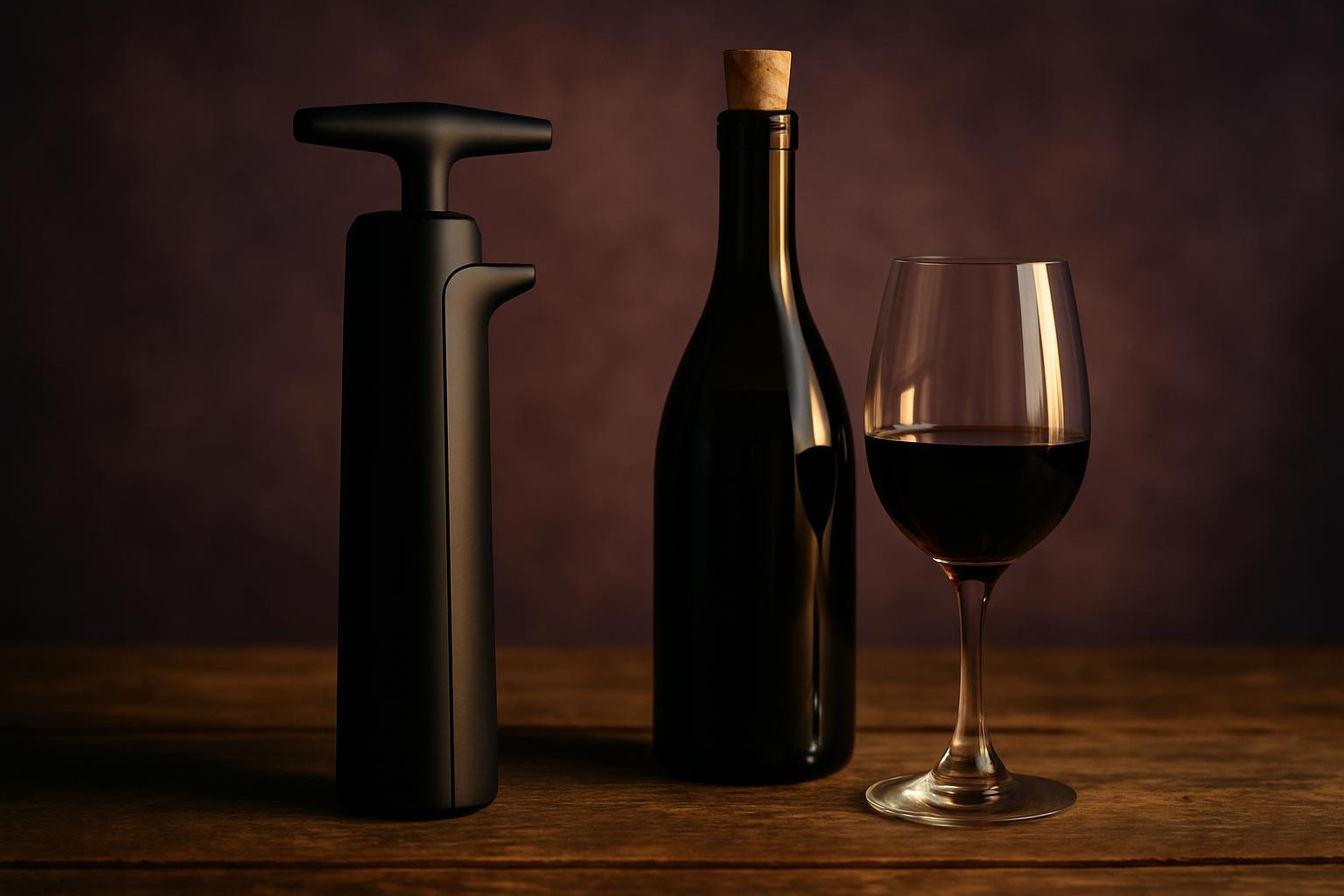 Black wine preservation device beside a corked red wine bottle and a glass on a timber table