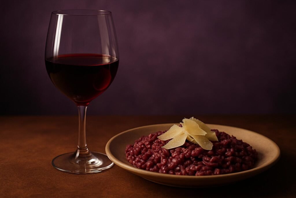 Glass of Corvina beside a plate of risotto with Parmesan