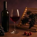 Glass and bottle of Corvina with grapes drying on a rack and cherries