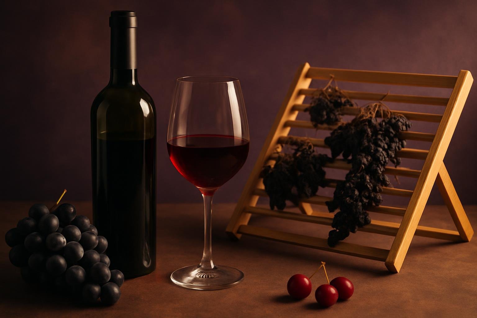 Glass and bottle of Corvina with grapes drying on a rack and cherries