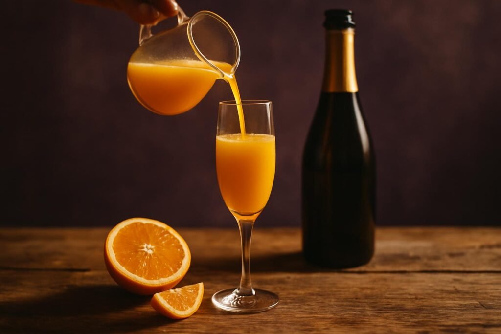 Orange juice being poured into a champagne flute beside a bottle of sparkling wine