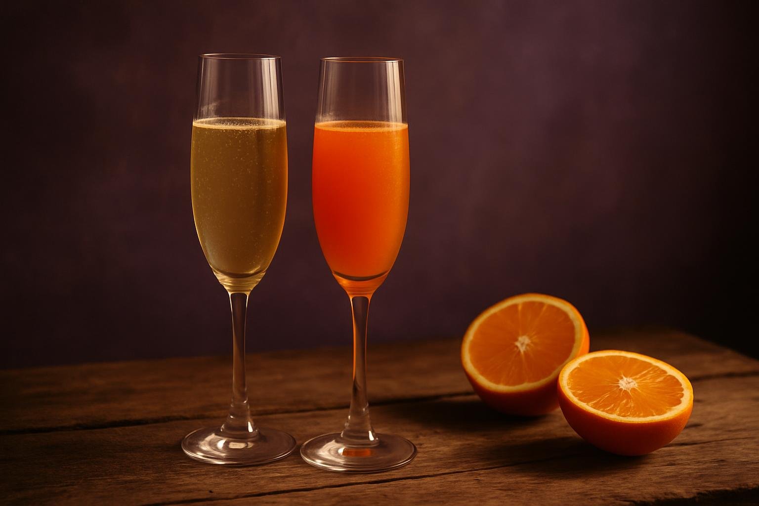 Two flutes side by side, one pale gold and one orange, with halved oranges on a timber table