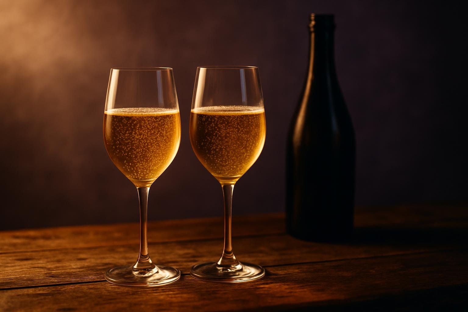 Two glasses of sparkling wine side by side on a timber table