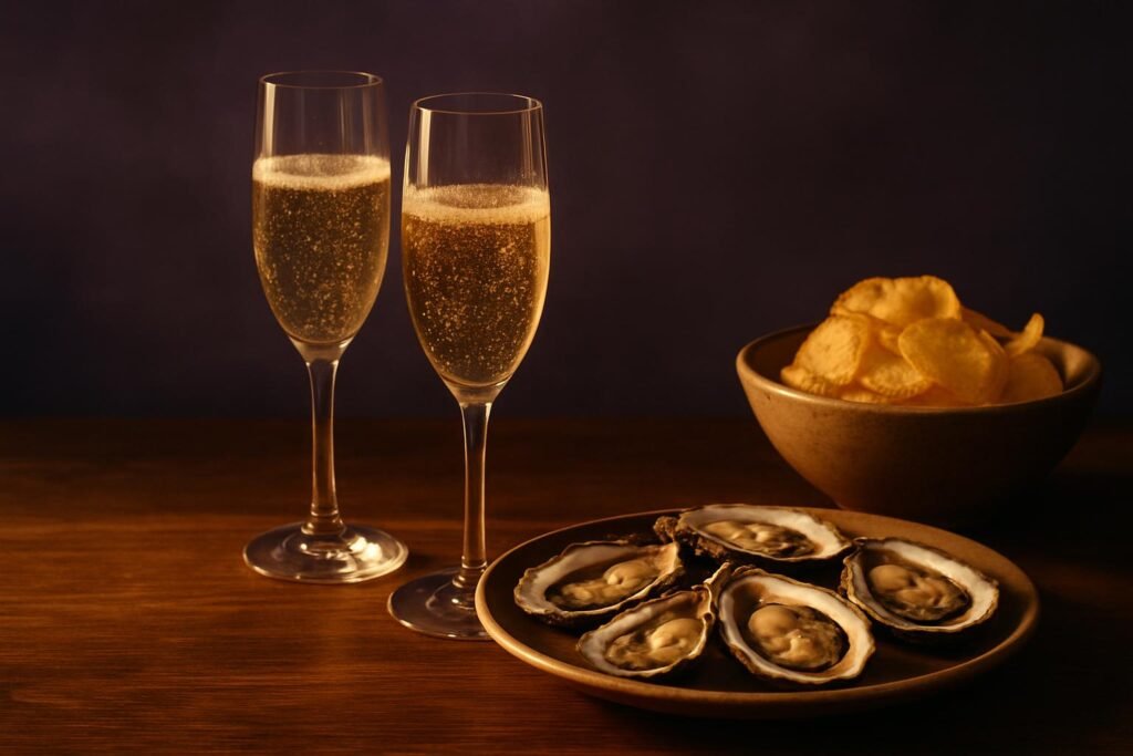 Two glasses of Champagne beside oysters and crisps