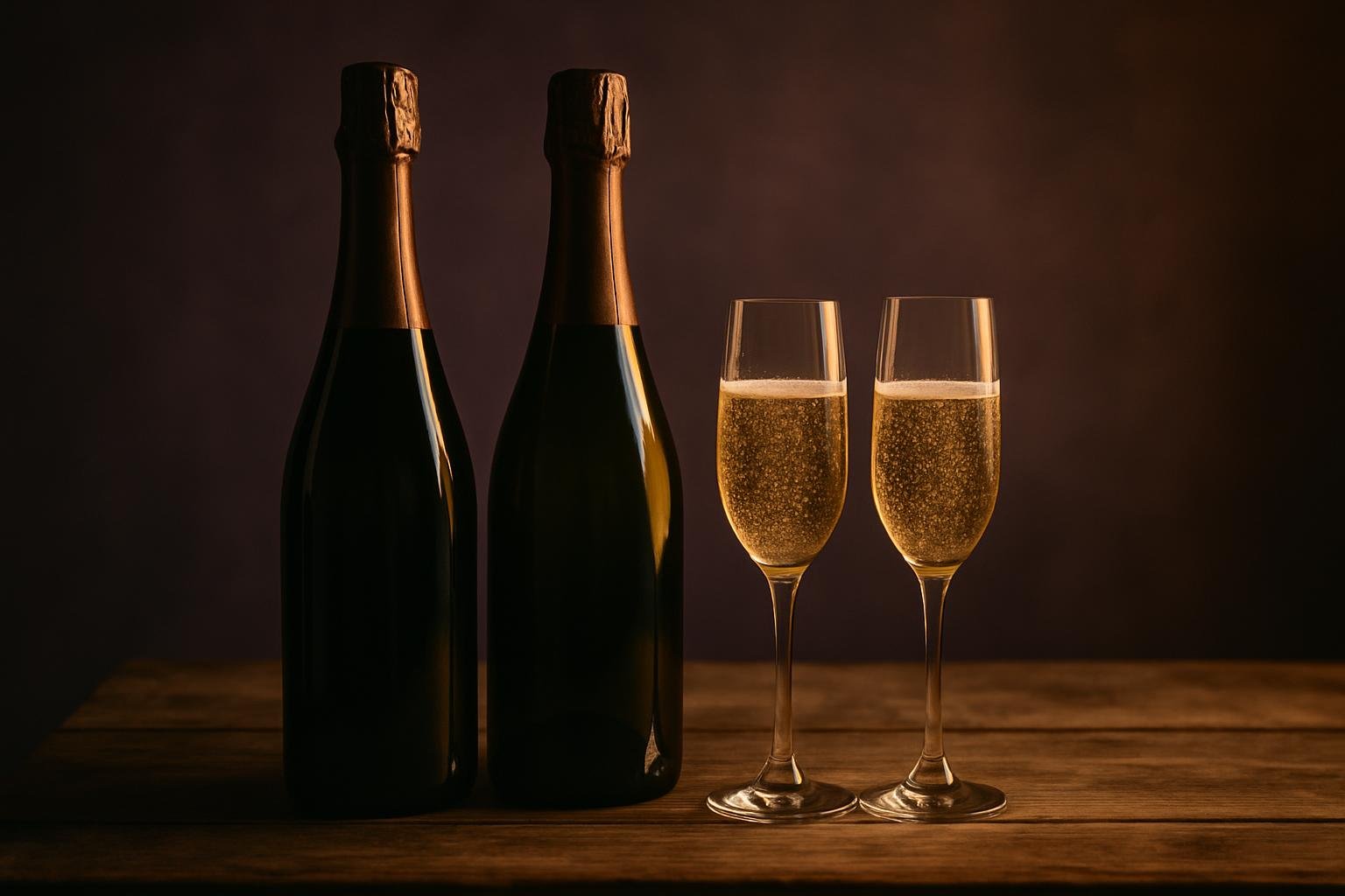 Two Champagne bottles and two glasses side by side on a timber table