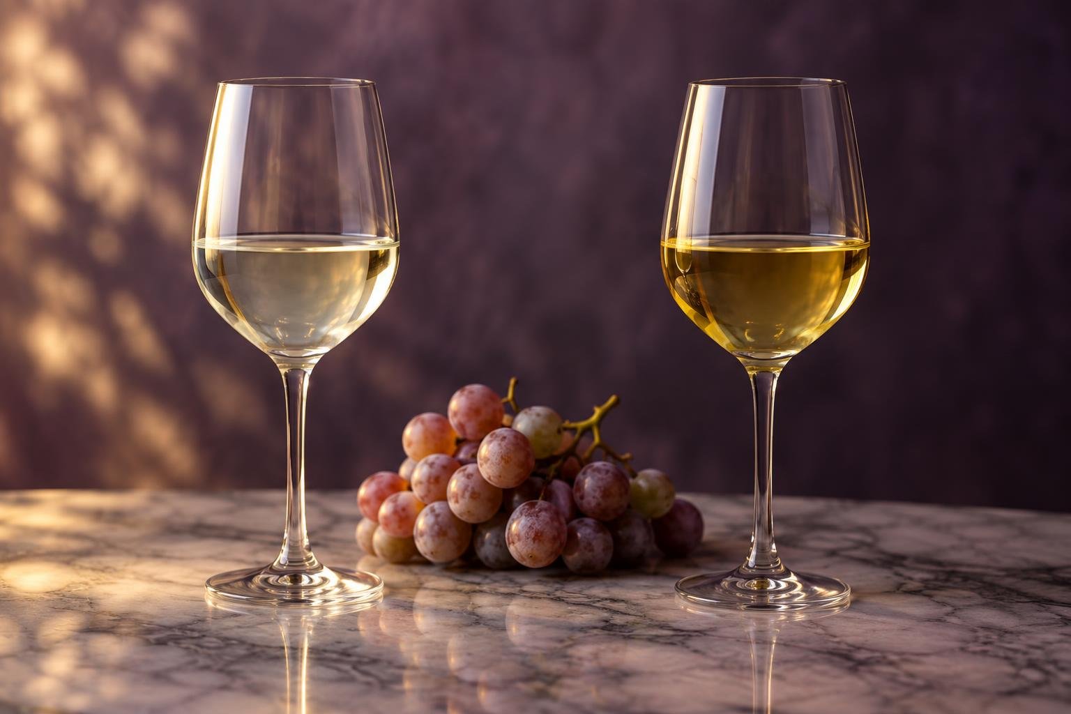 Two glasses of white wine of different depths of colour beside greyish pink grapes