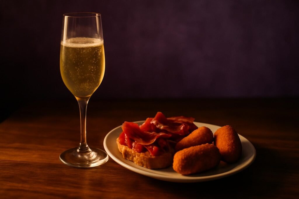 Prosecco vs Cava: The Difference, and Which to Buy 2 Glass of sparkling wine beside a plate of tapas