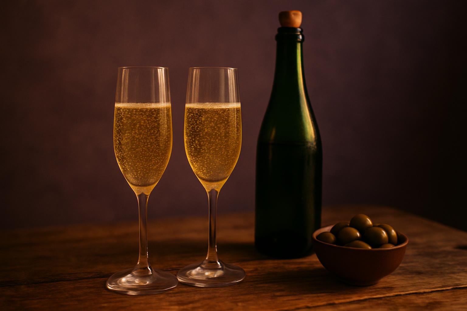 Two glasses of sparkling wine beside a bottle and olives on a timber table