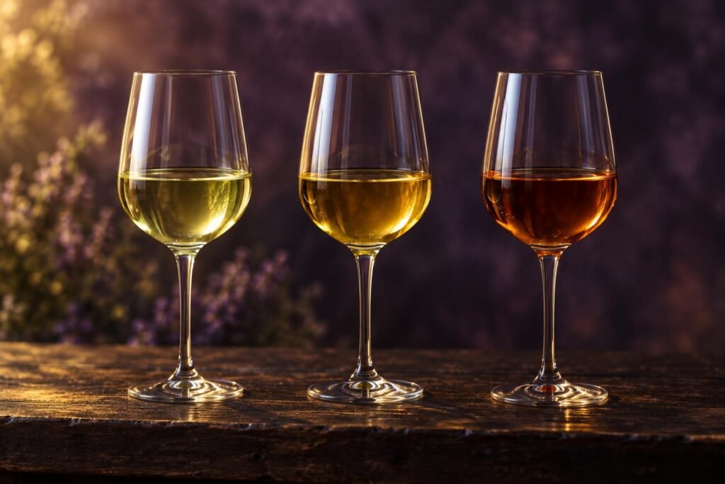 Three glasses of Riesling showing colour change with age