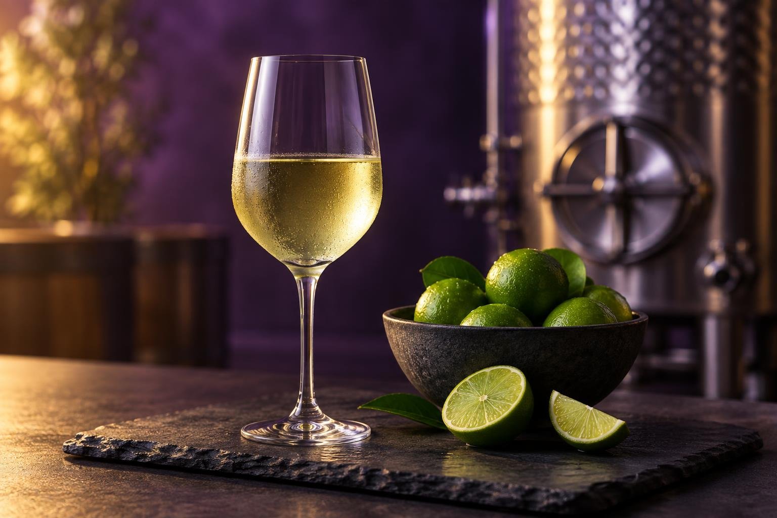 Glass of pale Riesling beside fresh limes on slate