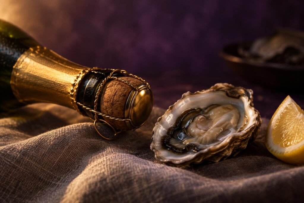 Does All Champagne Taste the Same? No, and Here Is What Changes It 2 A Champagne bottle neck beside an oyster and lemon