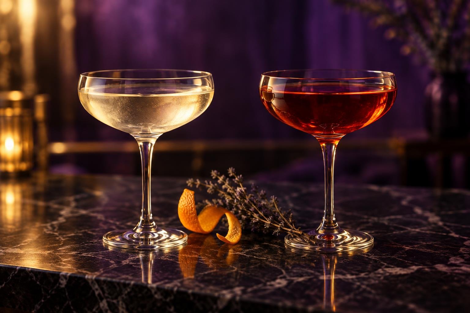 A pale vermouth and a deep red vermouth in two glasses on a marble bar