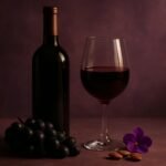 Glass and bottle of Dolcetto with black grapes, almonds and a violet