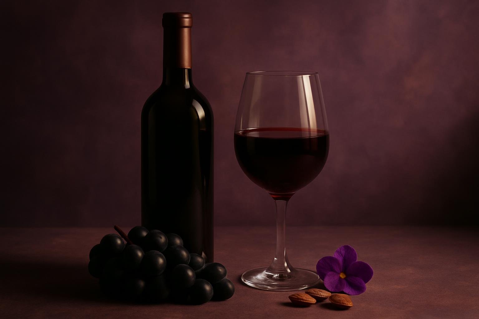 Glass and bottle of Dolcetto with black grapes, almonds and a violet