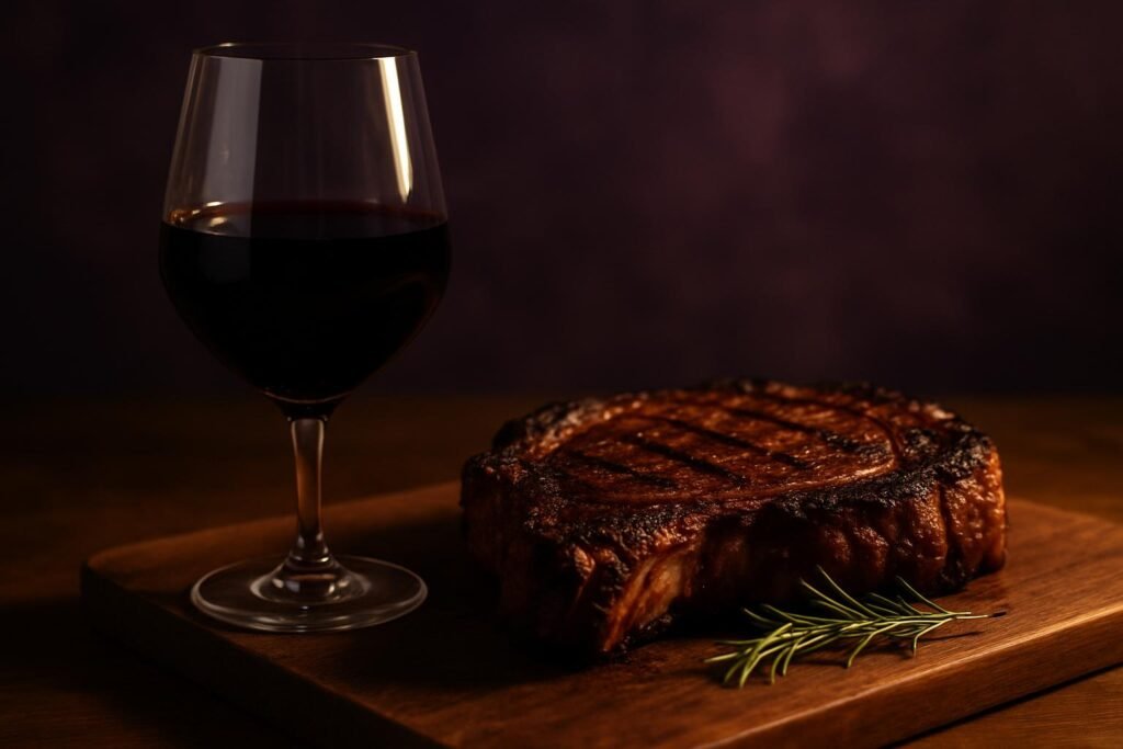 Glass of Durif beside a grilled ribeye steak