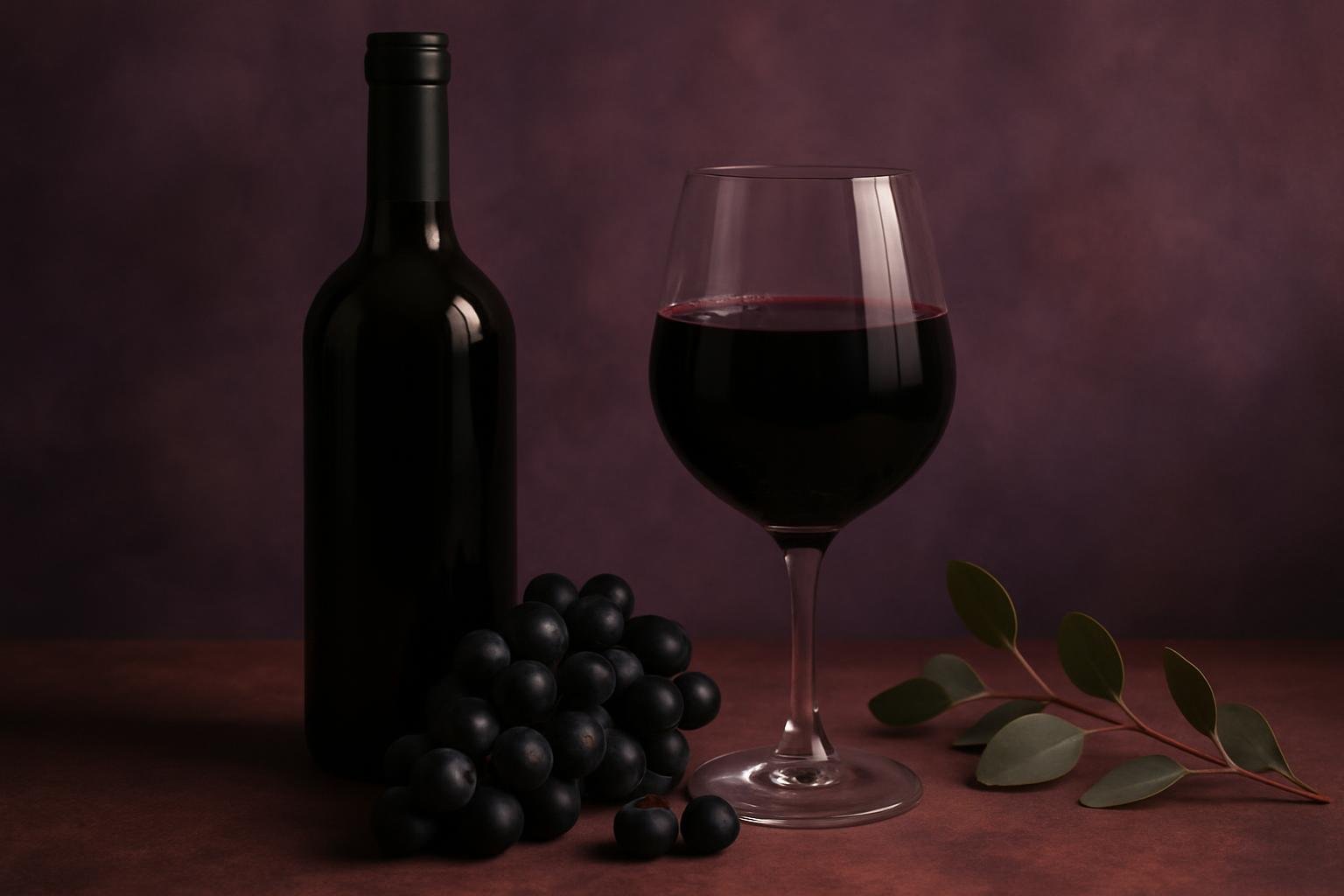 Glass and bottle of Durif with black grapes, blueberries and eucalyptus