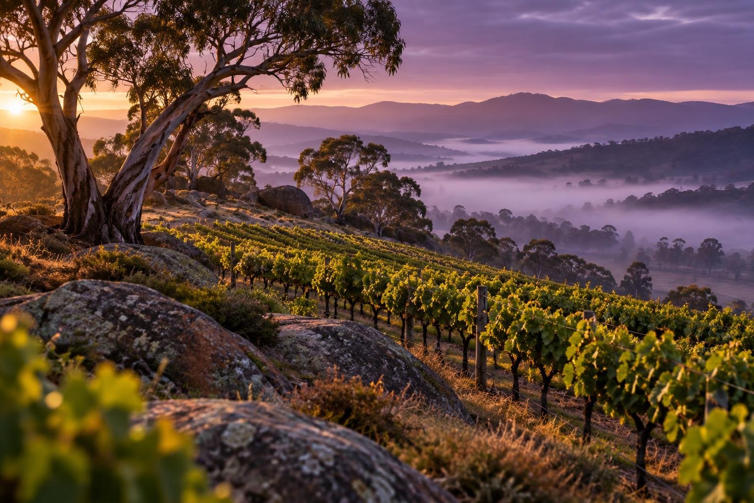 Vineyard rows on a high ridge with granite boulders and gum trees