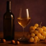 Glass and bottle of Fiano with golden grapes, hazelnuts and honeycomb